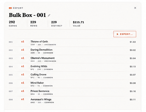 Export sheet — CSV, JSON, deck list, every tier