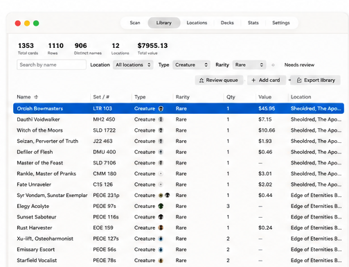 Library view — full collection in one searchable table